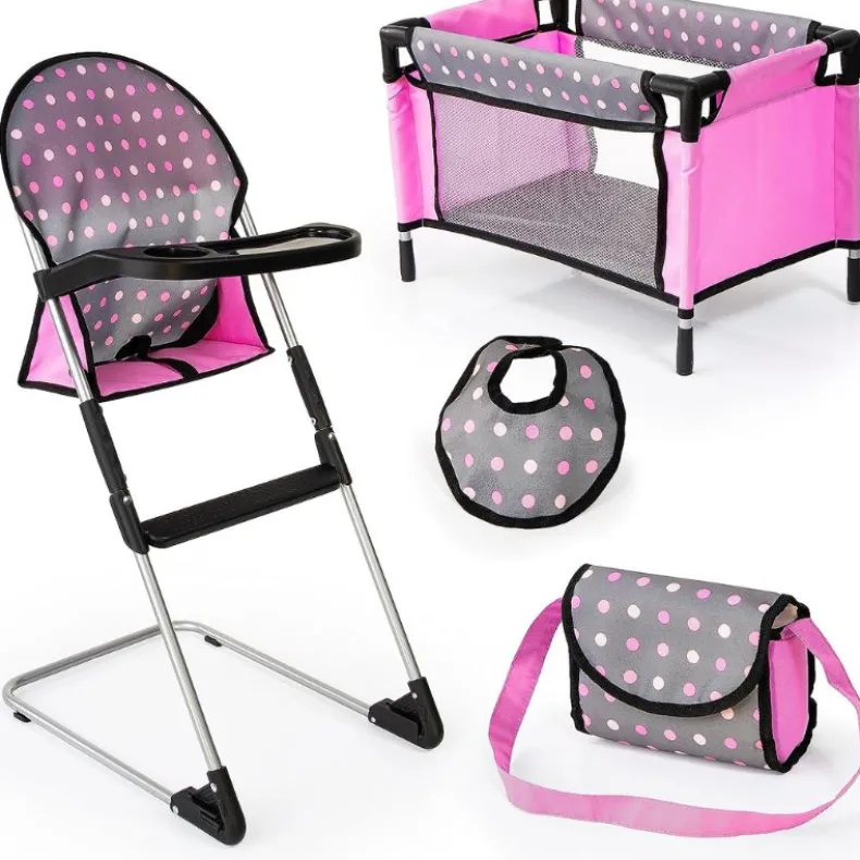 Doll's High Chair and Travel Bed Set - Polka Dots